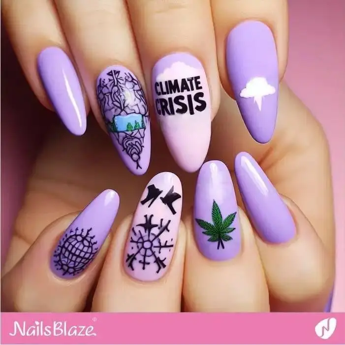 Purple Nails with Climate Crisis Theme | Climate Crisis Nails - NB2667